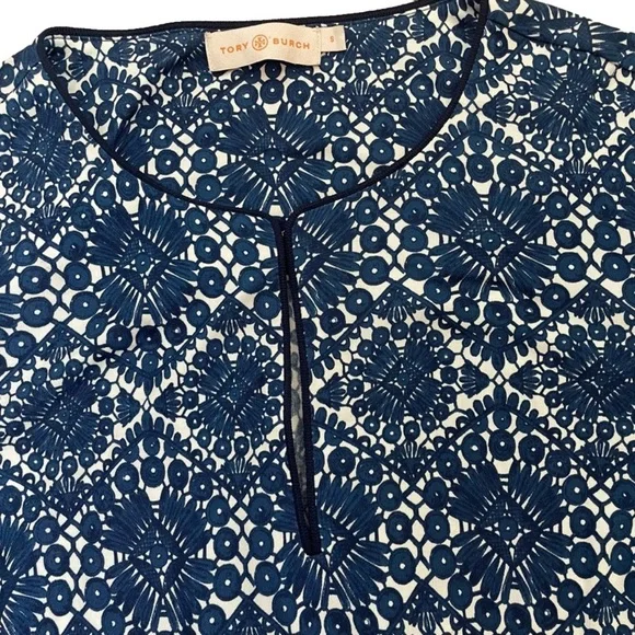 TORY Burch Women's 100% Silk Blue White Geometric Pattern Dress Size Small - Picture 6 of 12